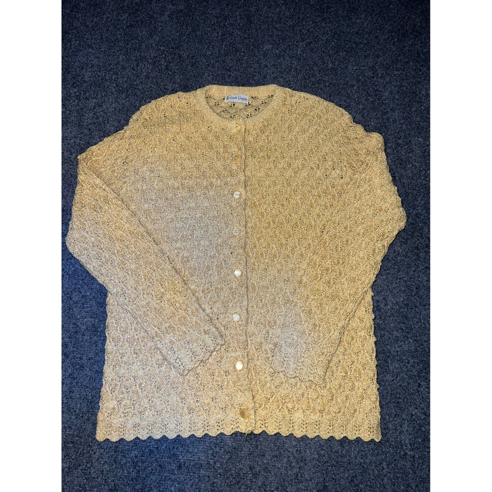 British Vogue Gold Metallic Open Knit Cardigan Sweater Vintage Style Large